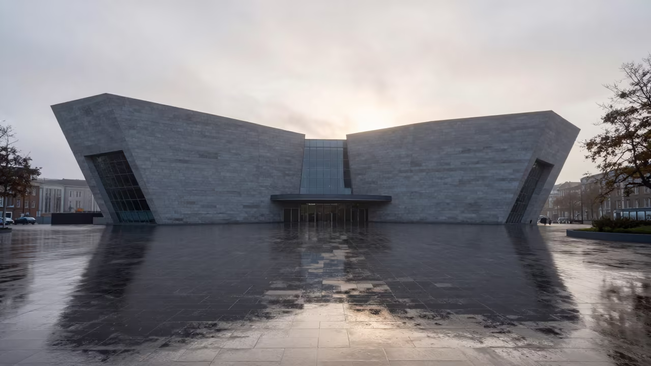 Dublin Museum Facade Dawn Mist Reflection in across a formal civic plaza near Dublin
