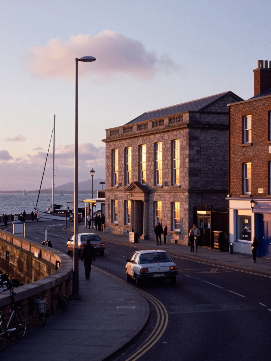 Dublin Nautical Dawn Street Scene with Marine Science Station and Tidal Water in in Dublin, Ireland