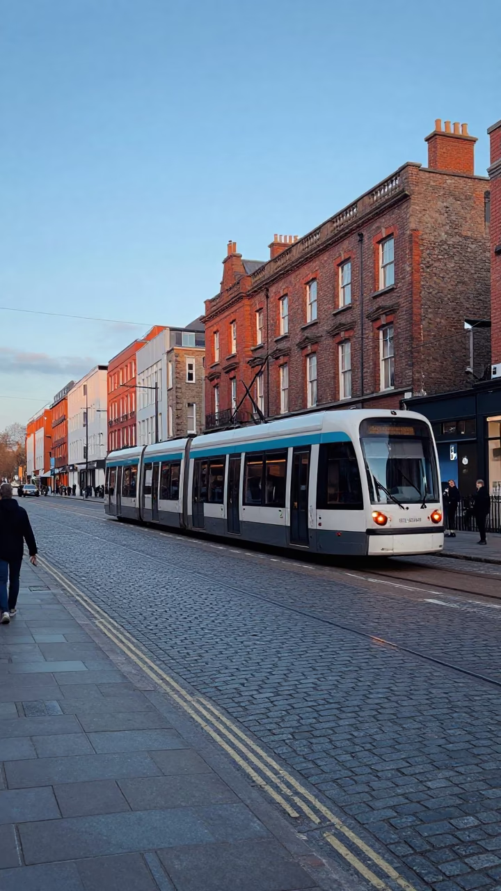 Dublin Nautical Dawn Street Scene with Tram and Traditional Brick Facades in in Dublin, Ireland