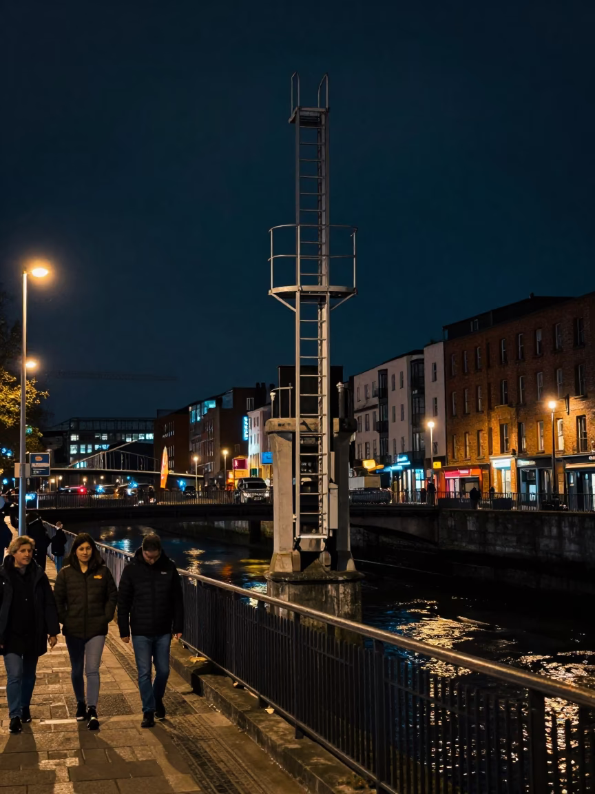 Dublin Night Street Scene With Bridge Pier Ladder And Amber Beacon Reflections in in Dublin, Ireland