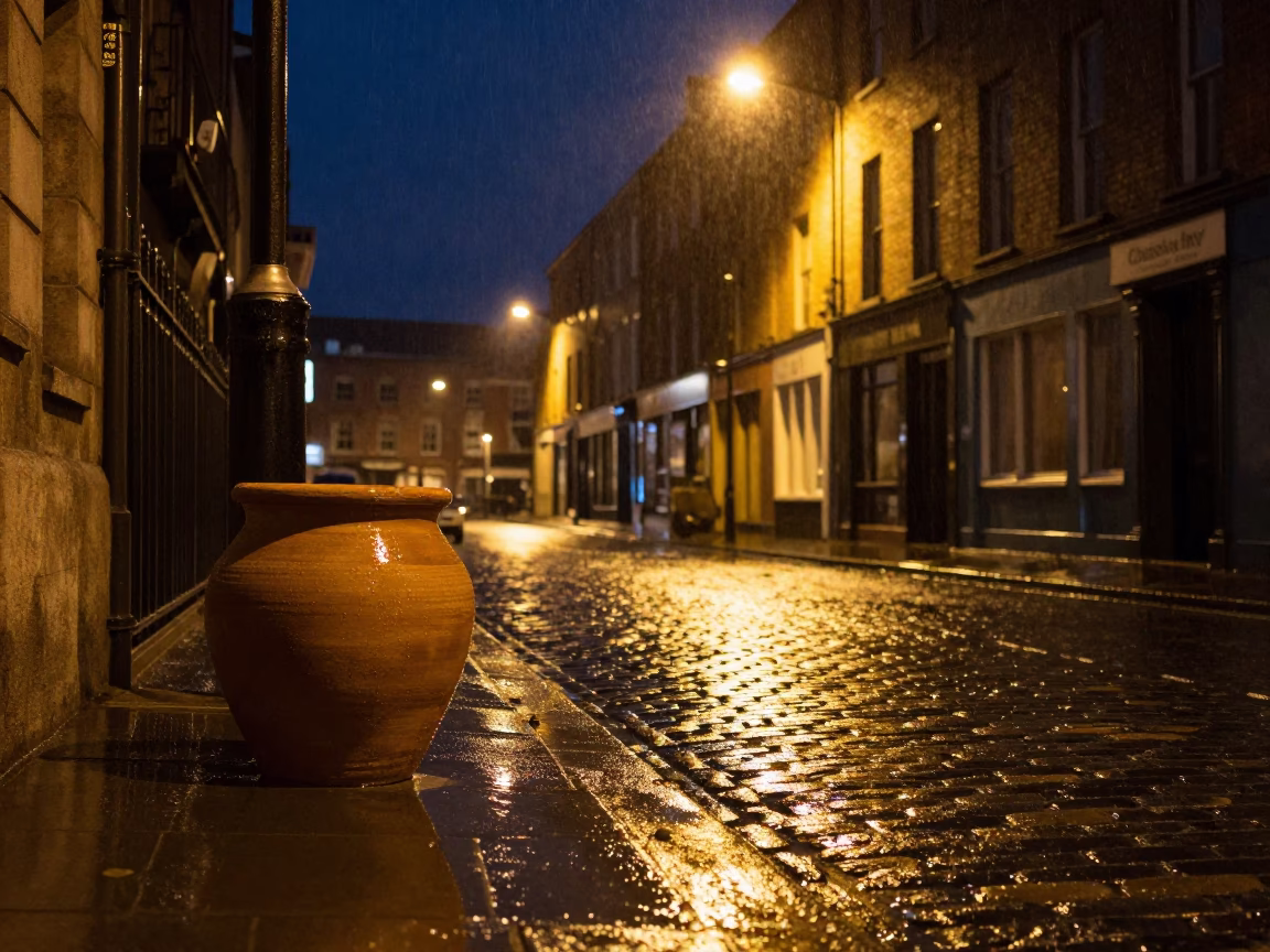 Dublin Night Street Scene with Clay Pot and Rain-Slicked Cobblestones in in Dublin, Ireland