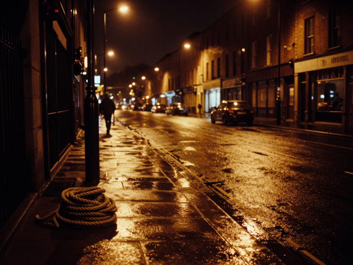 Dublin Night Street Scene with Coiled Rope and Wet Pavement Reflections in 1980s Ireland in in Dublin, Ireland