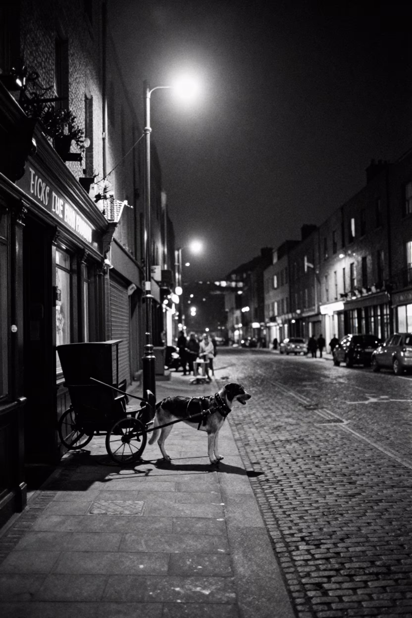 Dublin Night Street Scene with Dog Cart and Streetlight Reflections in in Dublin, Ireland