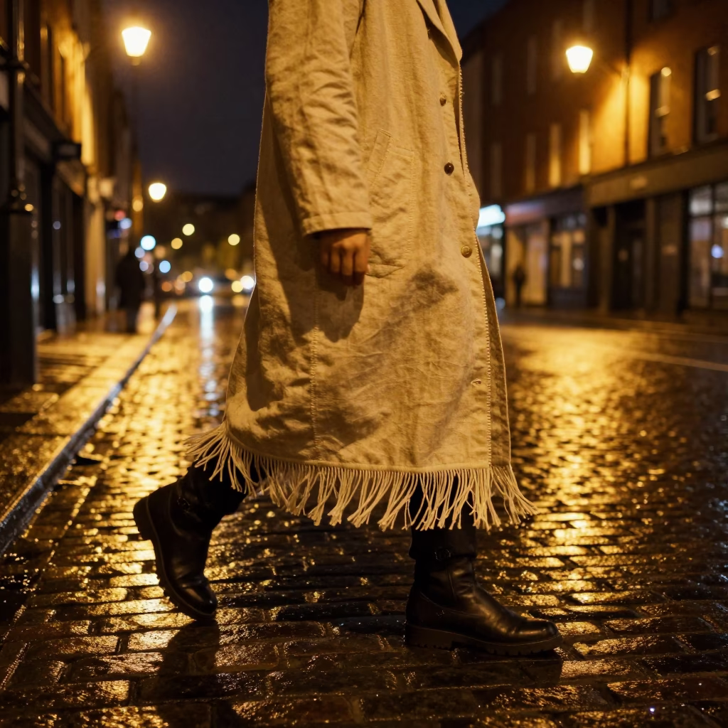 Dublin Night Street Scene with Linen Fringe Detail and Urban Reflections in in Dublin, Ireland