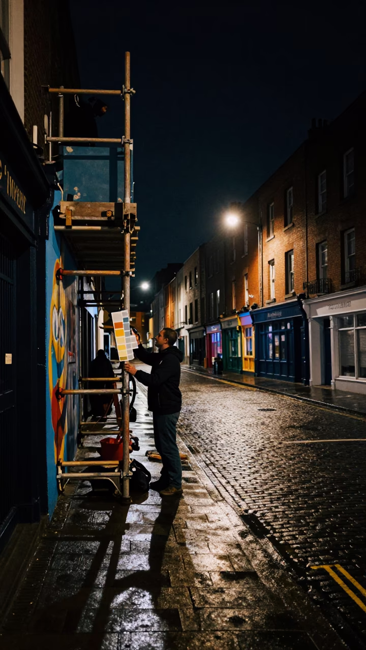 Dublin Night Street Scene with Muralist on Scaffold and Urban Brickwork in in Dublin, Ireland