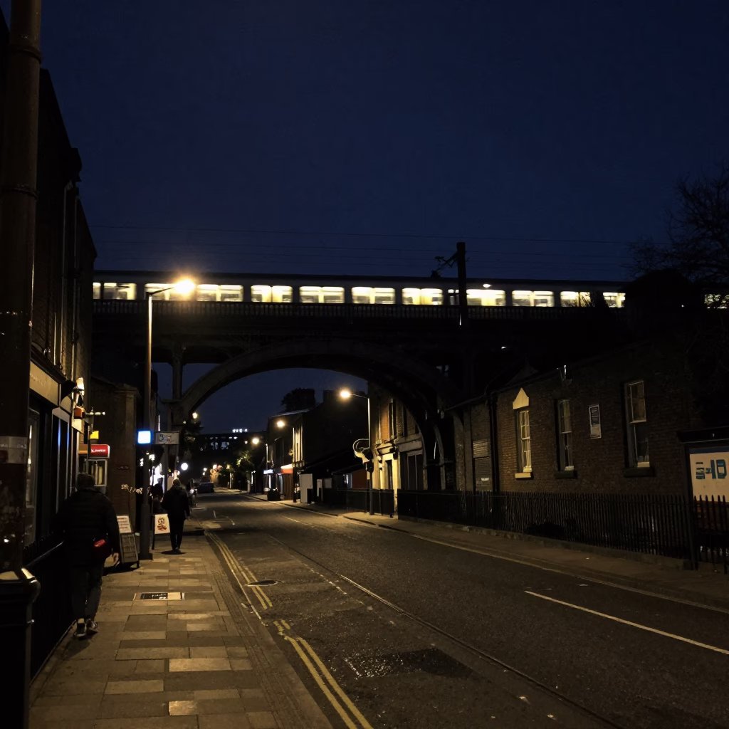 Dublin Night Street Scene with Railway Viaduct and Passing Train in in Dublin, Ireland