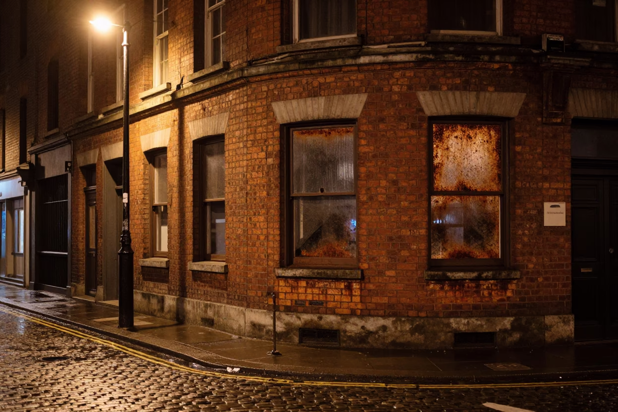 Dublin Night Street Scene with Rusty Window Glass and Damp Cobblestones in in Dublin, Ireland