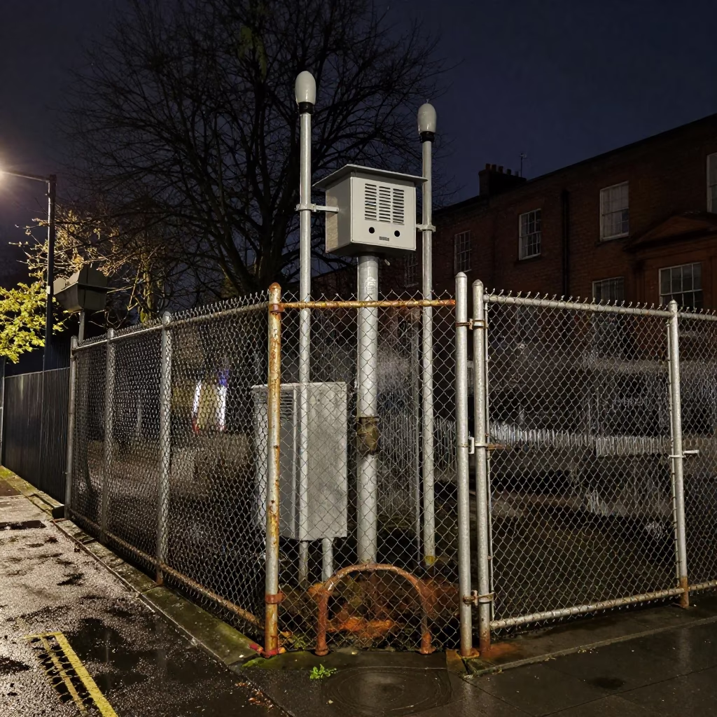 Dublin Night Street Scene With Substation Fence And Dew Beside Warning Placards in in Dublin, Ireland