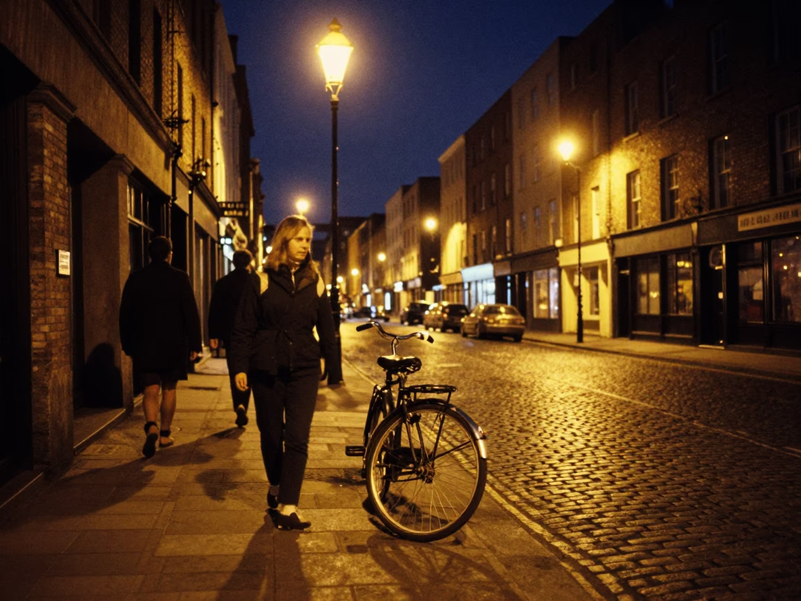 Dublin Night Street Scene with Vintage Bicycle and Cobblestone Architecture in in Dublin, Ireland