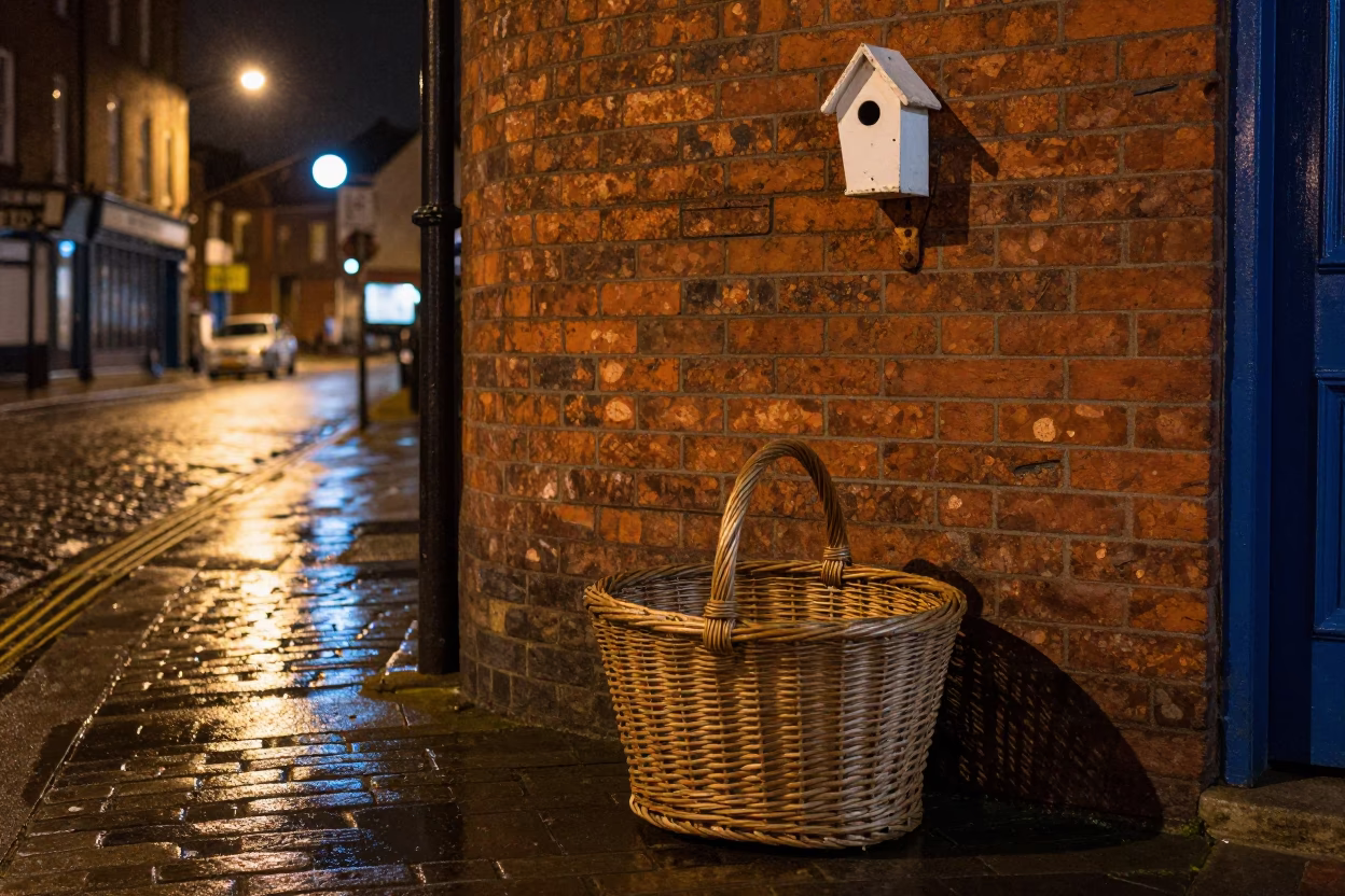 Dublin Night Street Scene With Wicker Hamper And Blue Porcelain in in Dublin, Ireland