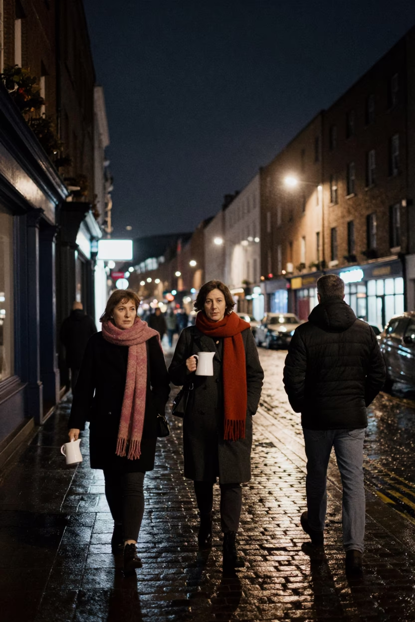Dublin Night Street Scene with Wool Scarves and Pitcher Under Deep Night Sky in in Dublin, Ireland