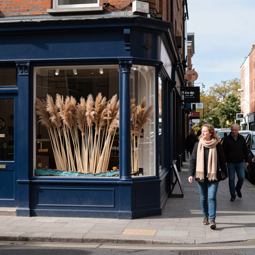 Dublin Noon Street Scene with Wool Scarves and Papyrus Plants in in Dublin, Ireland