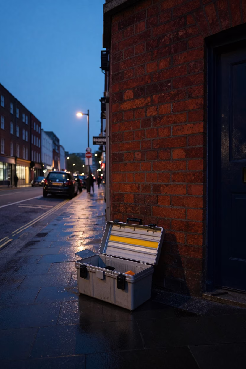 Dublin Predawn Street Scene with Toolbox and Sun Stripe on Latch in in Dublin, Ireland