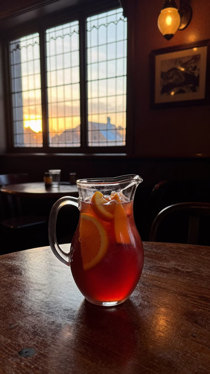 Dublin Pub Interior with Sangria and Knaffle at Dusk in in Dublin, Ireland