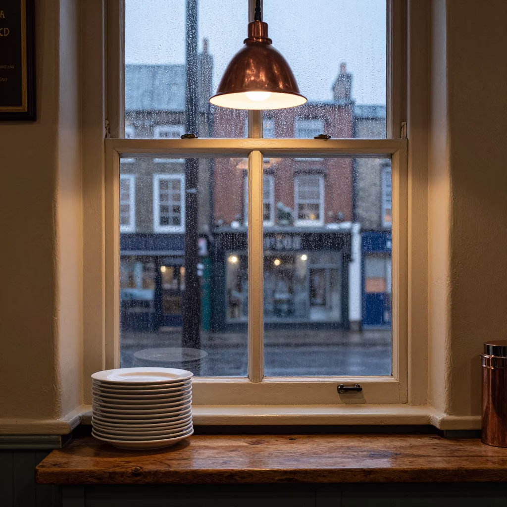 Dublin pub kitchen window with copper light and vintage majolica plate in in Dublin, Ireland