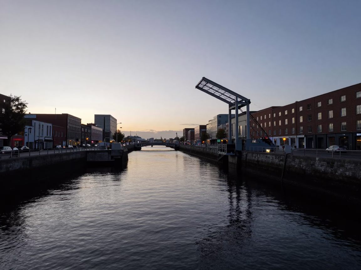 Dublin Quayside Pre-Dawn Light with Drawbridge and Industrial Chain Details in in Dublin, Ireland