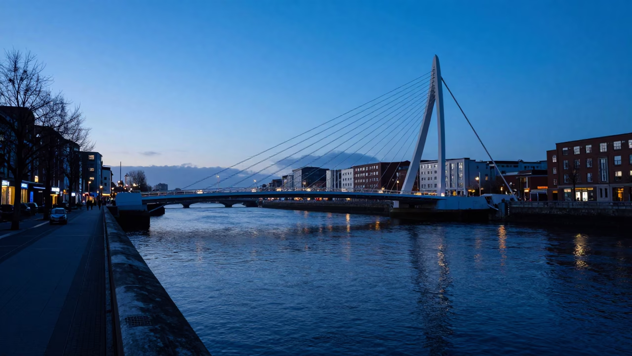 Dublin River Liffey Morning View with Samuel Beckett Bridge and City Scape in in Dublin, Ireland