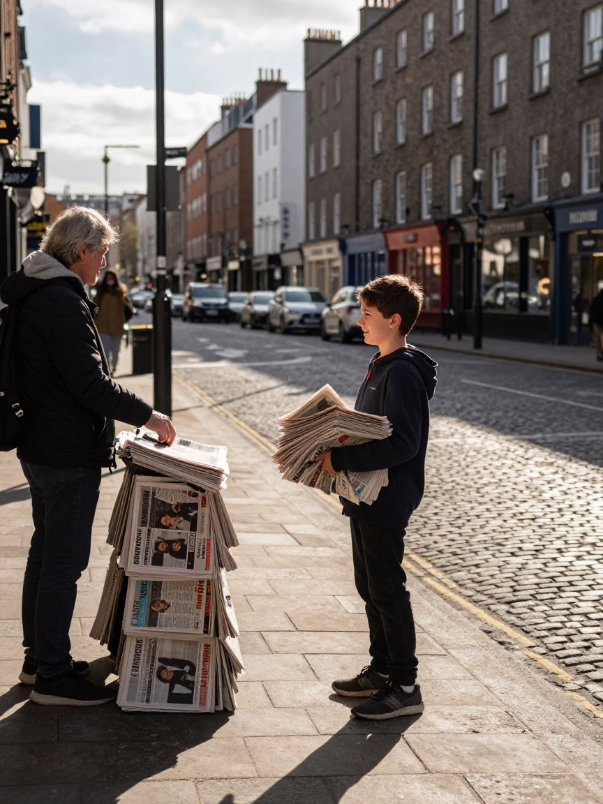 Dublin Selling Newspapers at Clear Late-afternoon Light in in Dublin, Ireland
