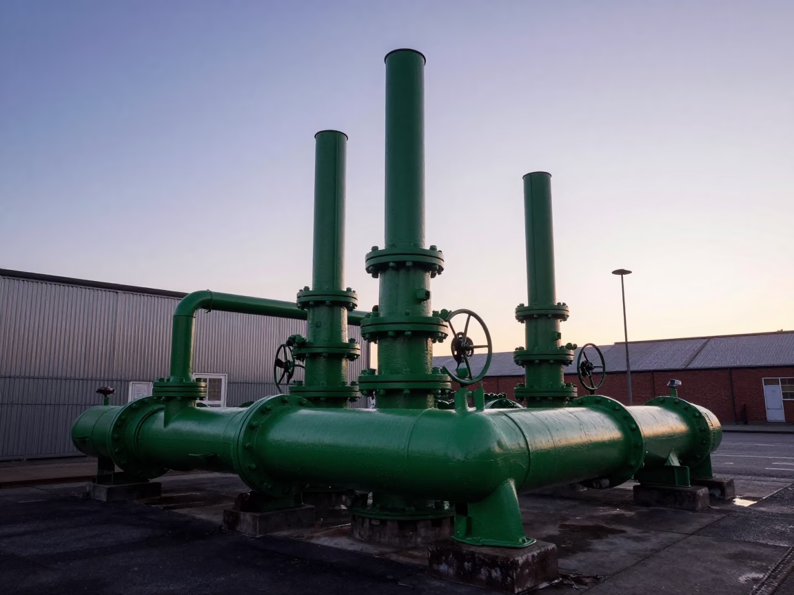 Dublin Sewage Pumping Station Before Sunrise with Massive Green Pumps and Mist in in Dublin, Ireland