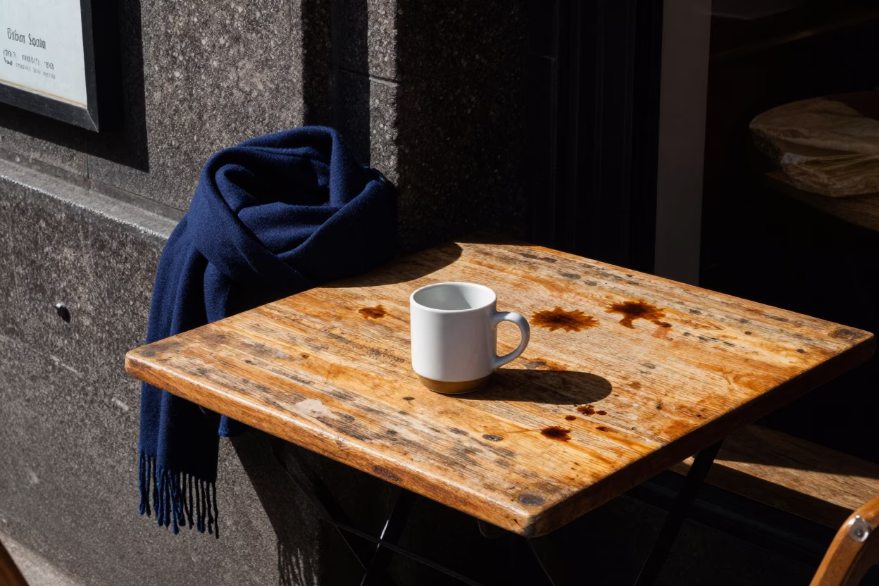 Dublin street corner café table with tea stains and wool scarves under noon glare in in Dublin, Ireland