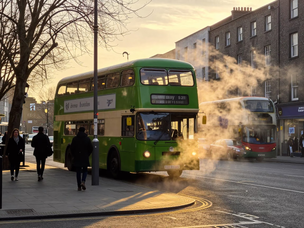 Dublin Street Corner Evening Light with Steam Haze and Vintage Bus in in Dublin, Ireland