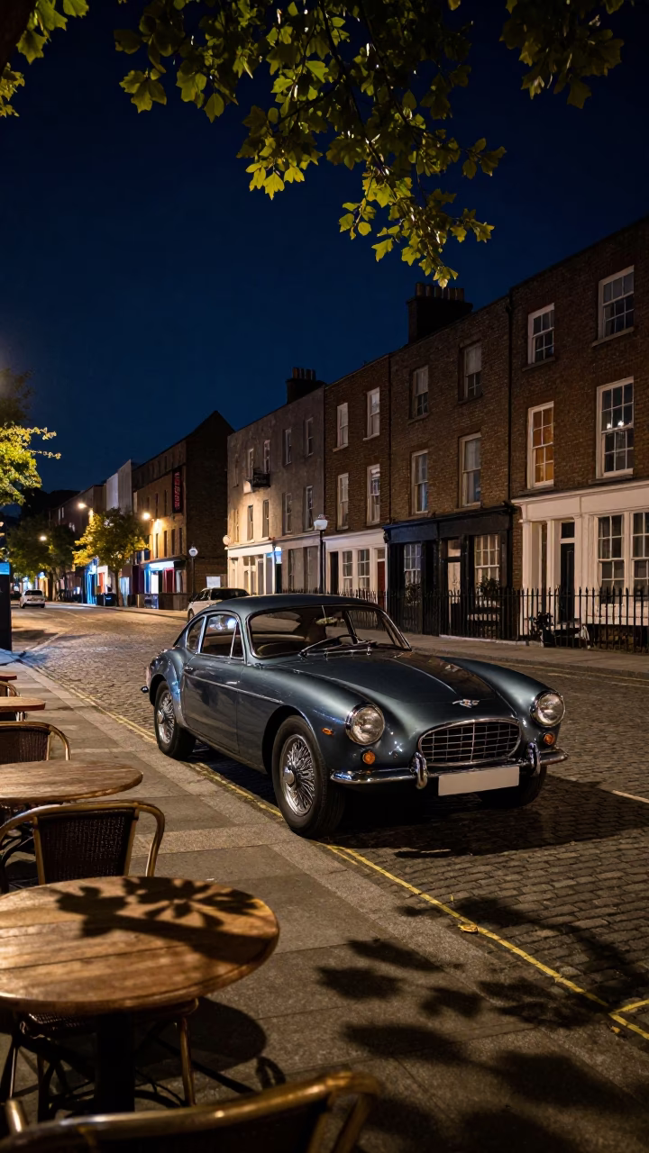 Dublin Street Scene at Night with Vintage Car and Leaf Shadows in in Dublin, Ireland