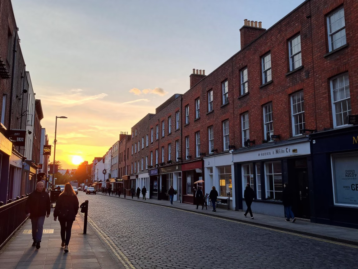 Dublin Street Scene at Sunset with Traditional Architecture and Local Atmosphere in in Dublin, Ireland