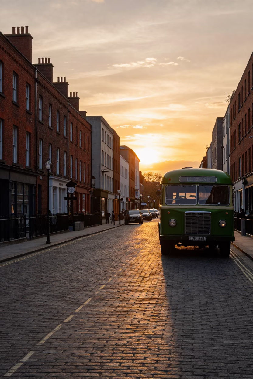 Dublin Street Scene at Sunset with Vintage 1970s Aesthetic and Local Life in in Dublin, Ireland