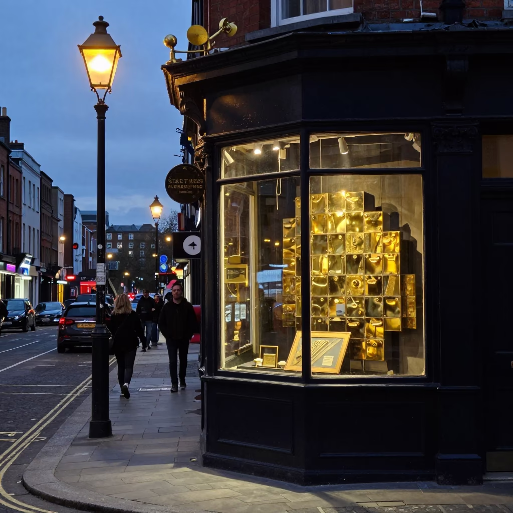 Dublin Street Scene at Twilight with Brass Fixtures and Larch Grove in in Dublin, Ireland