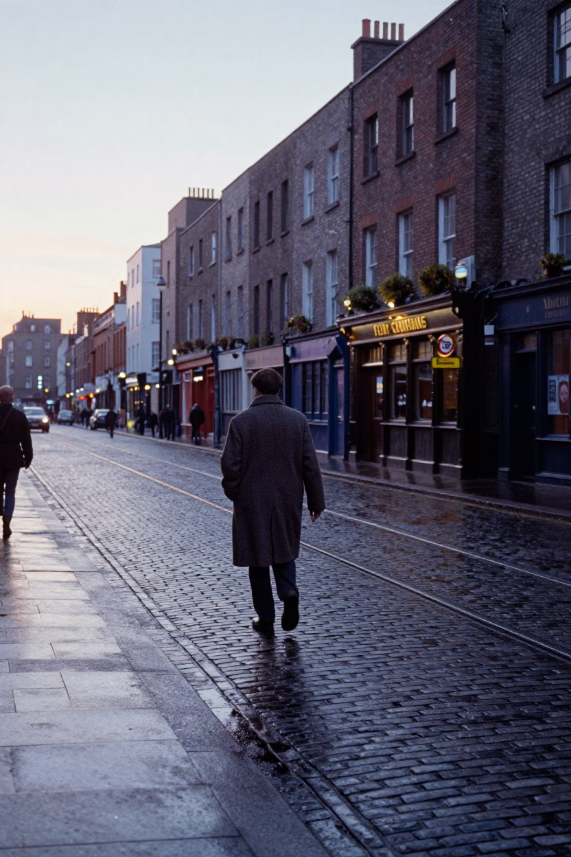 Dublin Street Scene Before Sunrise With Monorail and Whisk in in Dublin, Ireland