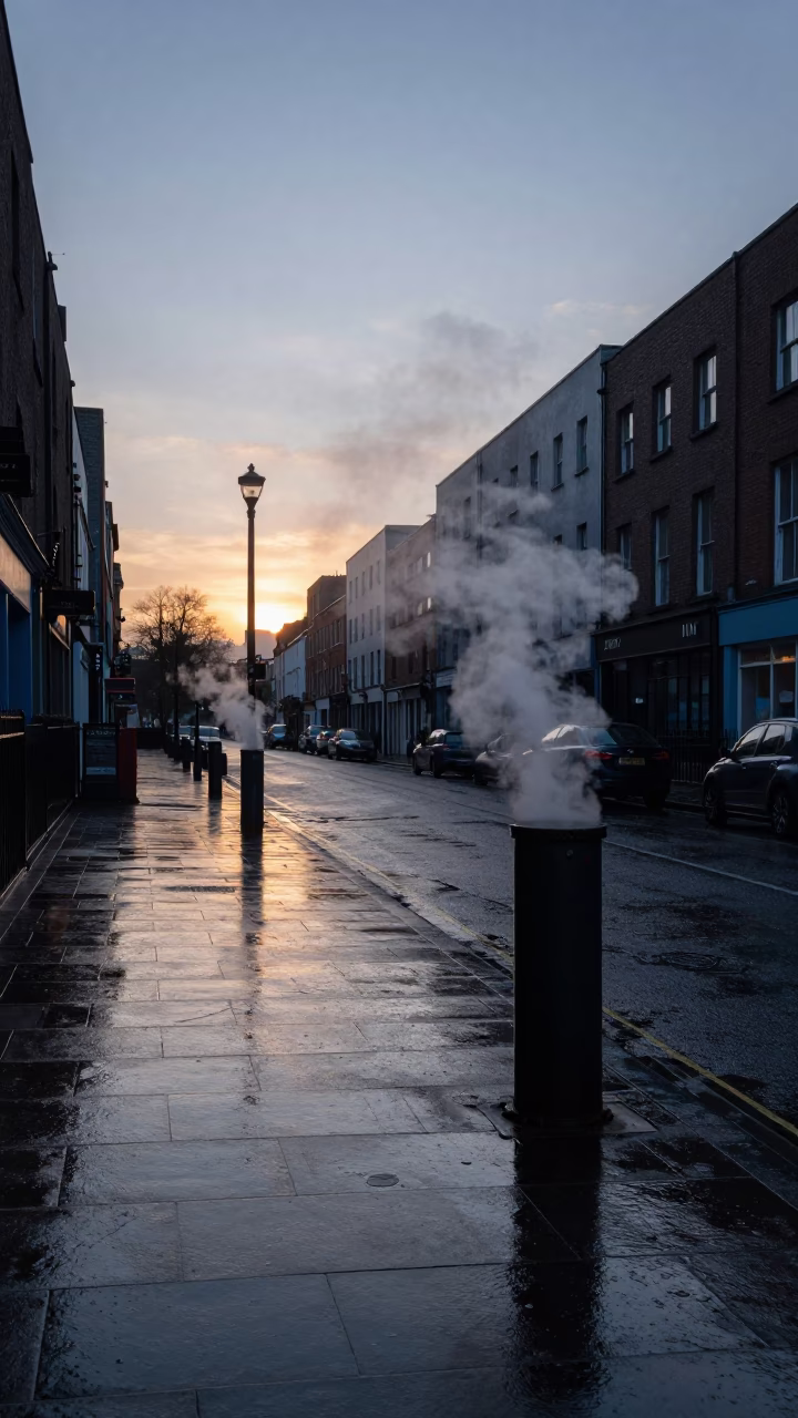 Dublin street scene before sunrise with steaming heating pipe and wet flagstones in in Dublin, Ireland