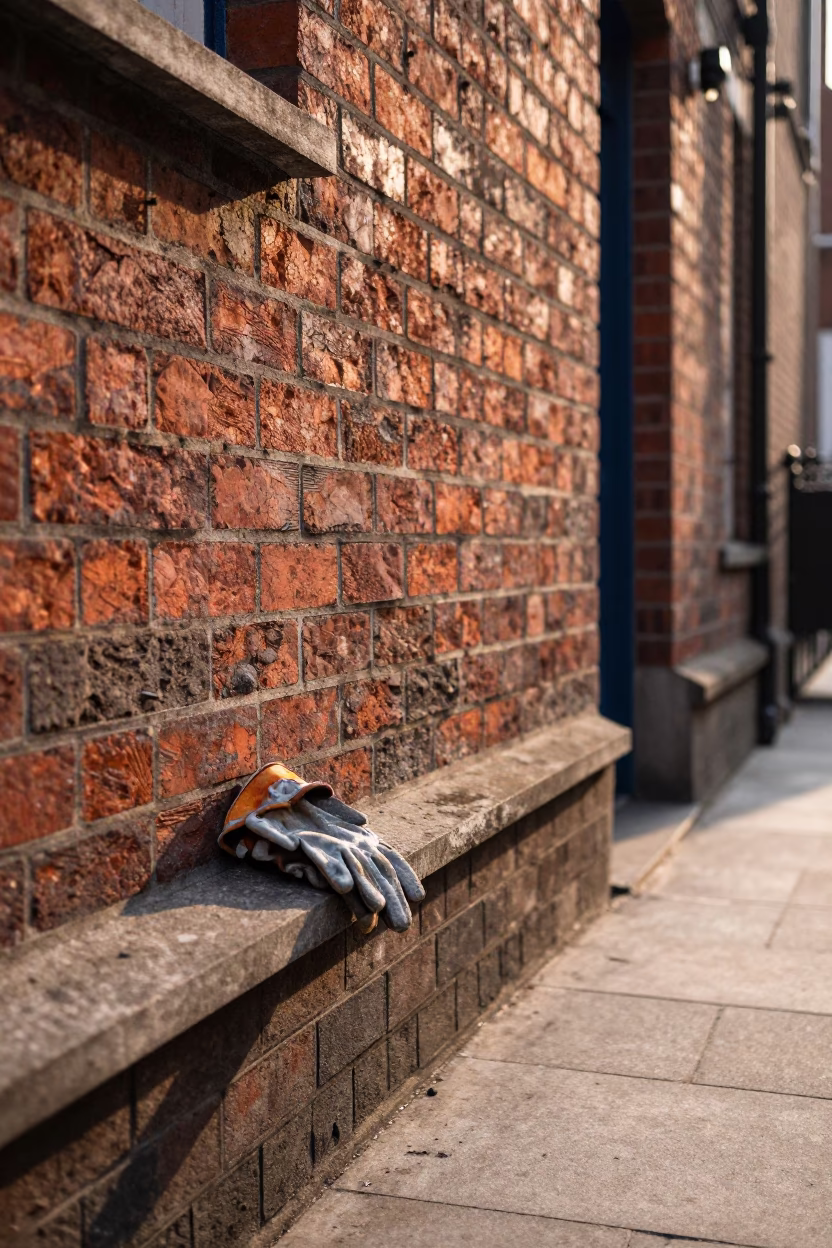 Dublin street scene just after sunrise with work gloves on brick wall in in Dublin, Ireland