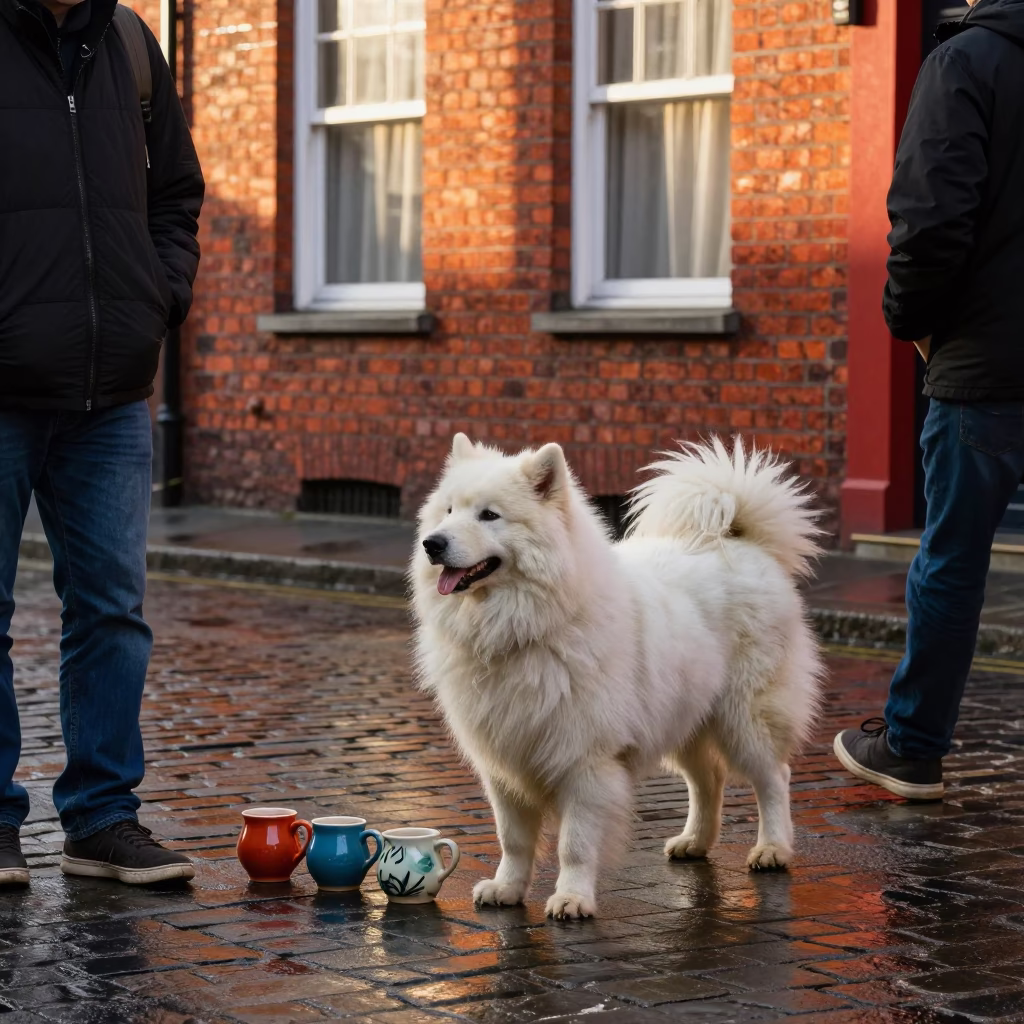 Dublin street scene with Icelandic Sheepdog and ceramic mugs in in Dublin, Ireland