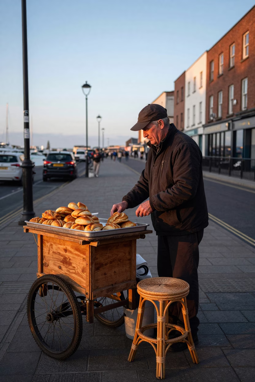 Dublin street vendor at nautical dawn with rattan stool and pastries in in Dublin, Ireland