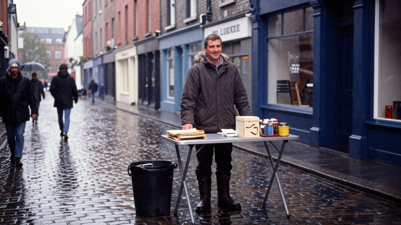 Dublin Street Vendor Smile During First Light After Rain in in Dublin, Ireland