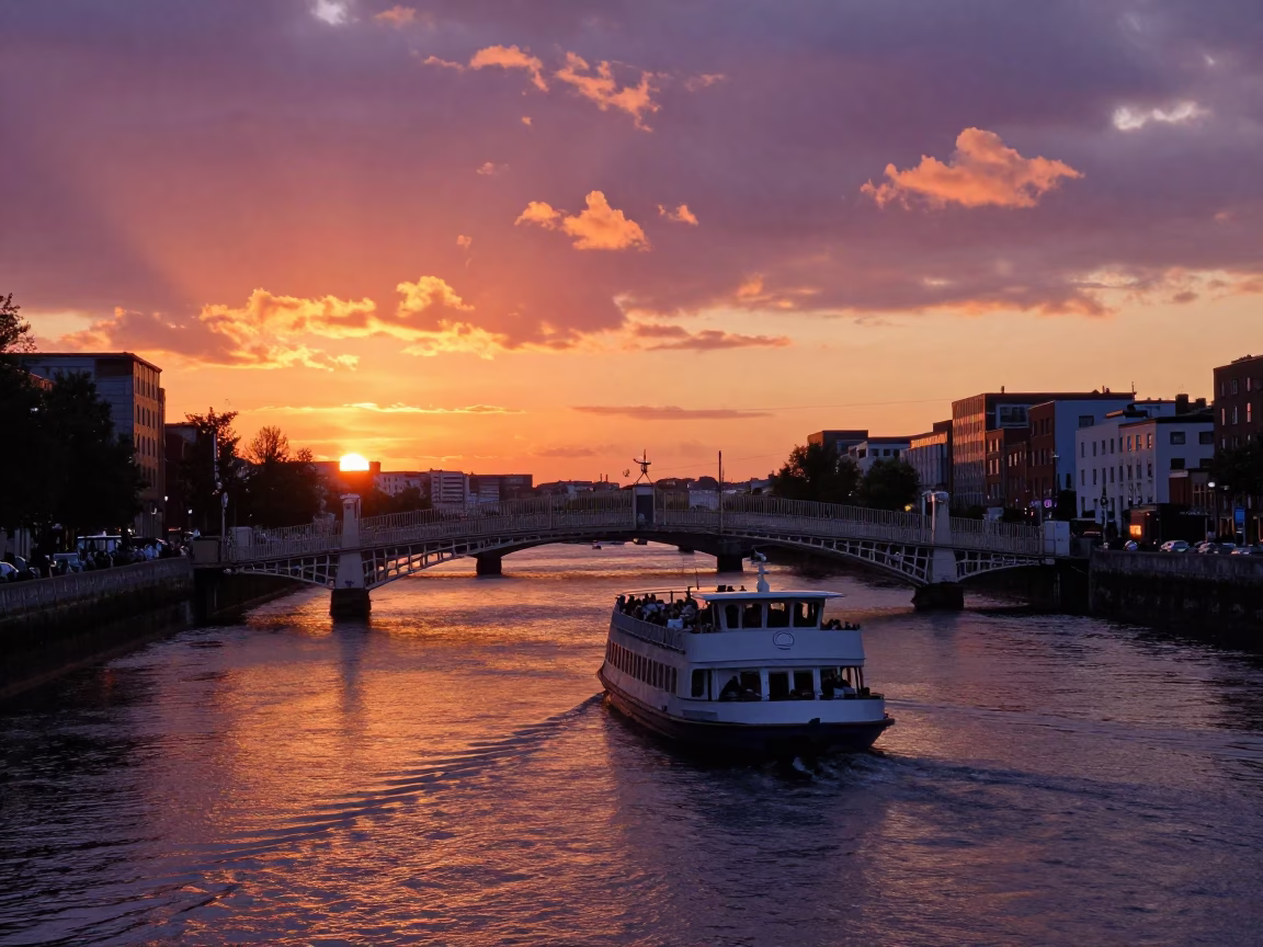 Dublin Sunset River Ferry Crossing with Historic Liffey Bridge and Evening Commuters in in Dublin, Ireland