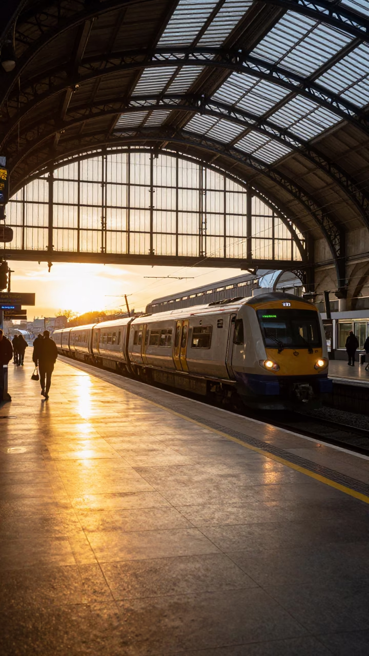 Dublin Sunset Street Scene with Commuter Train and Glass Architecture in in Dublin, Ireland