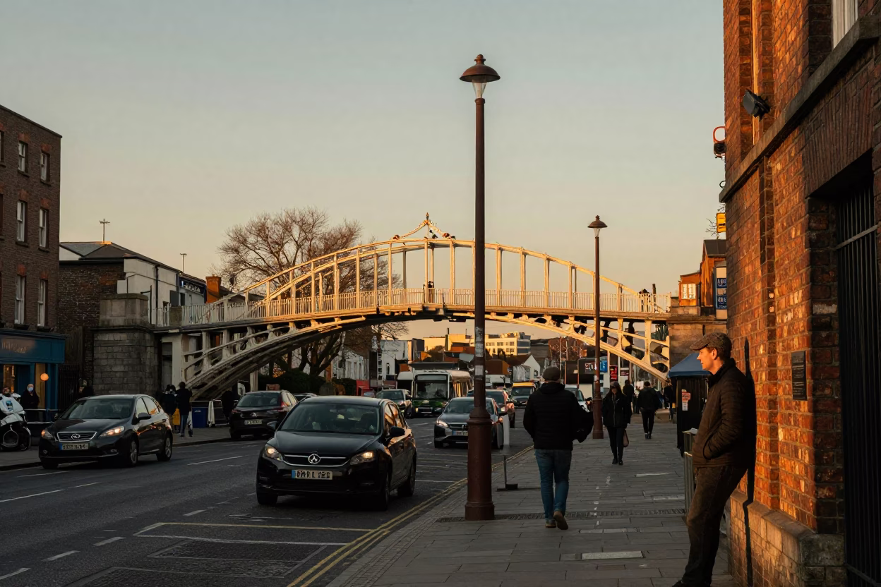 Dublin Sunset Street Scene with Iron Bridge and Local Interaction in in Dublin, Ireland
