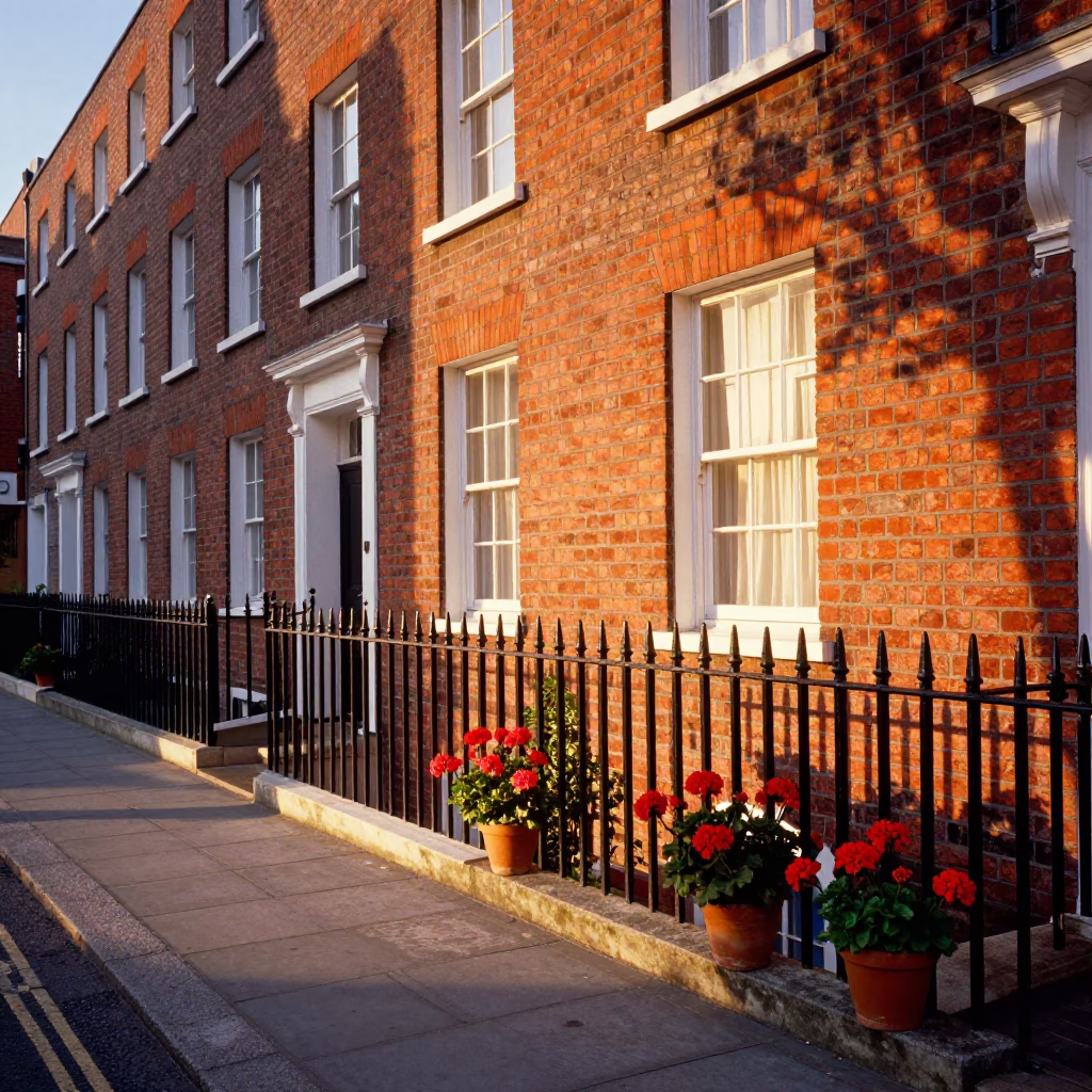 Dublin Sunset Street Scene with Potted Geraniums and Brick Architecture in in Dublin, Ireland