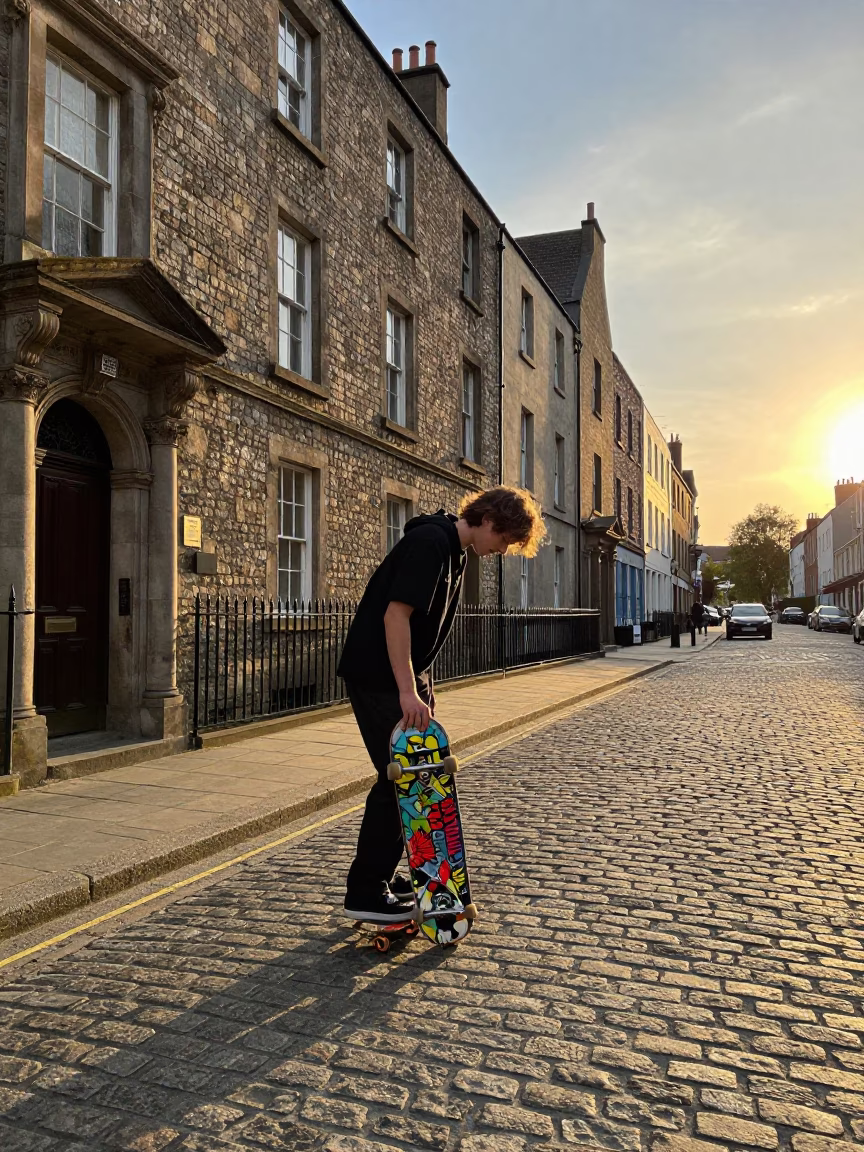 Dublin Sunset Street Scene with Skateboarder and Historic Architecture in in Dublin, Ireland