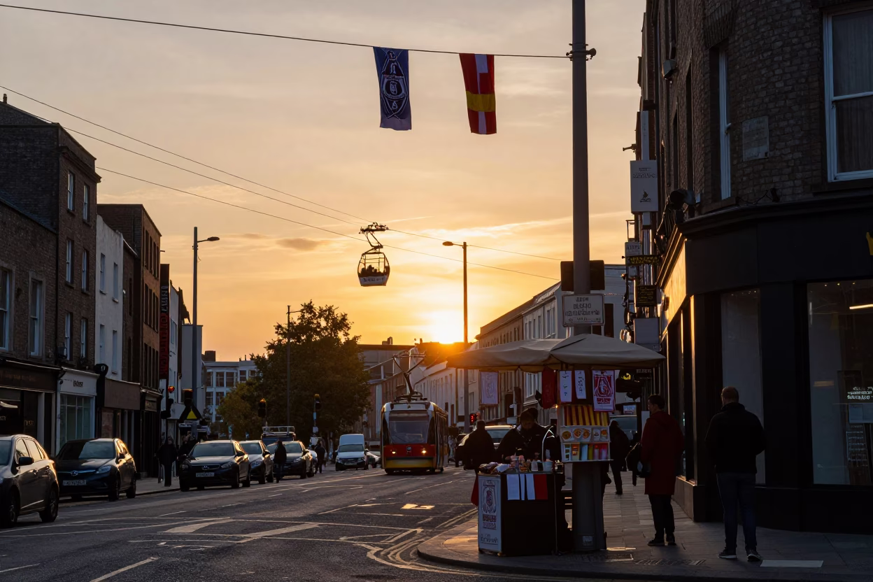 Dublin Sunset Street Scene with Tea Towels and Cable Car View in in Dublin, Ireland