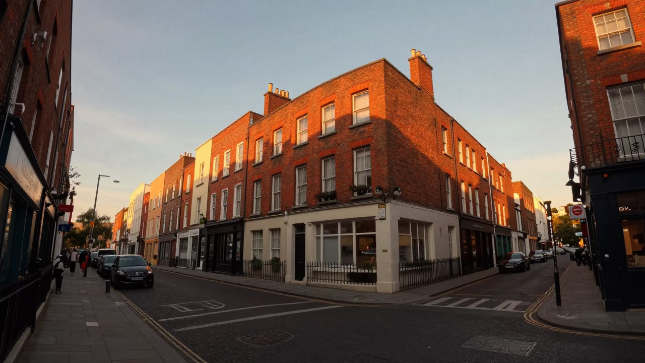 Dublin Sunset Street Scene with Vintage 1980s Aesthetic and Local Life in in Dublin, Ireland