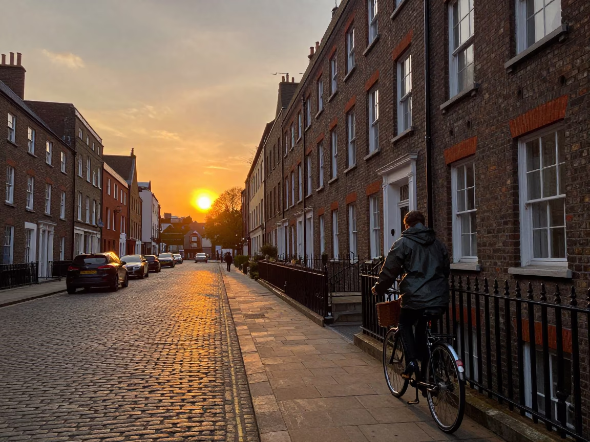 Dublin Sunset Street Scene with Vintage Bicycle and Brick Architecture in in Dublin, Ireland