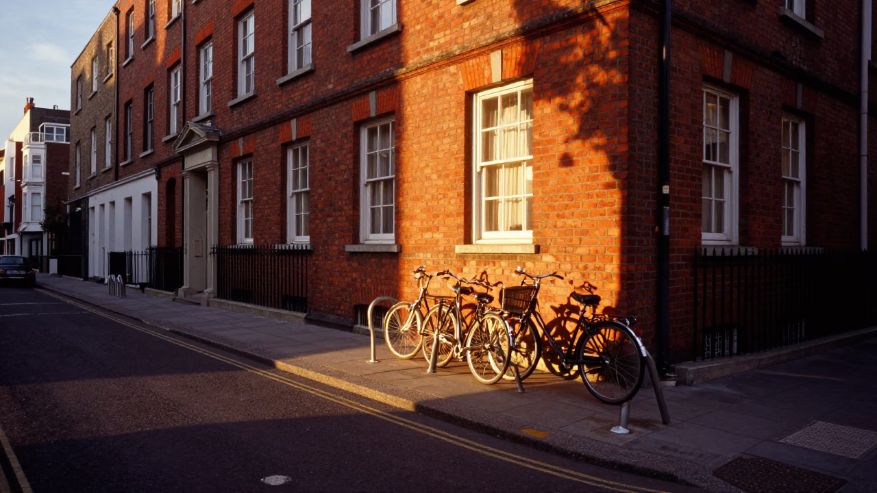 Dublin Sunset Street Scene with Vintage Bicycle Rack and Brick Architecture in in Dublin, Ireland