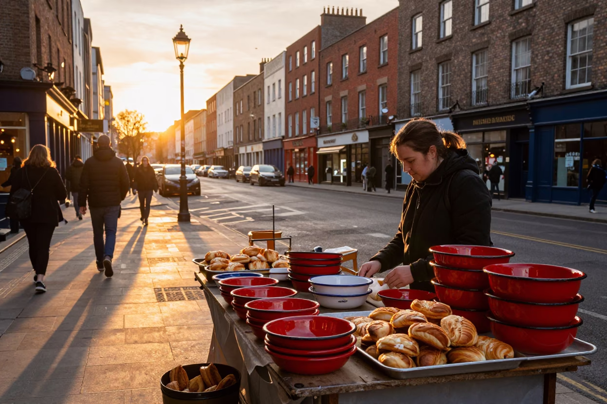 Dublin Sunset Street Scene with Vintage Enamel Bowls and Local Pastries in in Dublin, Ireland