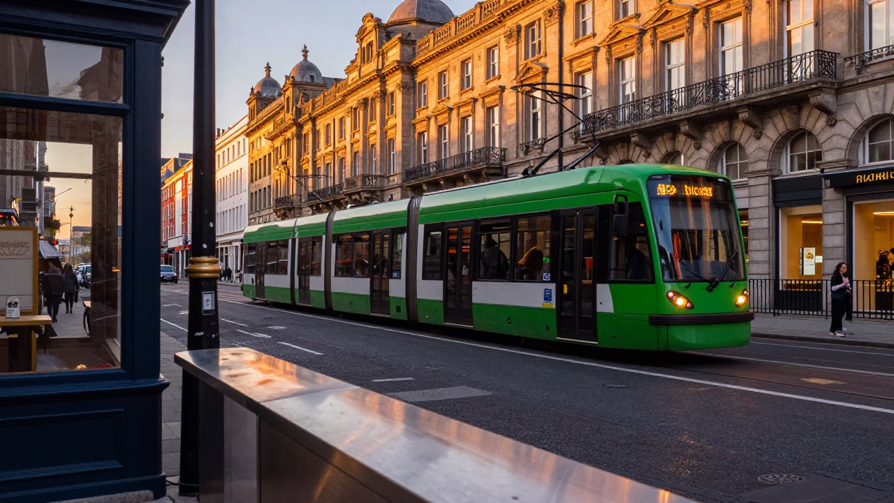 Dublin Sunset Tram Passing Art Nouveau Facades on O'Connell Street in in Dublin, Ireland