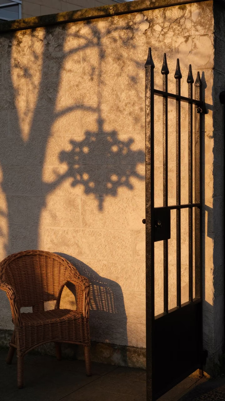 Dublin Sunset Wicker Shadow on Plaster Wall Garden Gate Stone Path in in Dublin, Ireland