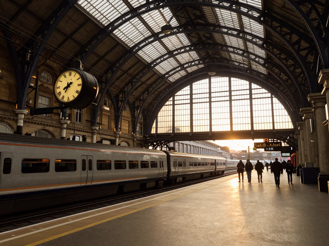 Dublin Train Station Clock Under Vaulted Iron Roof at Sunset in in Dublin, Ireland