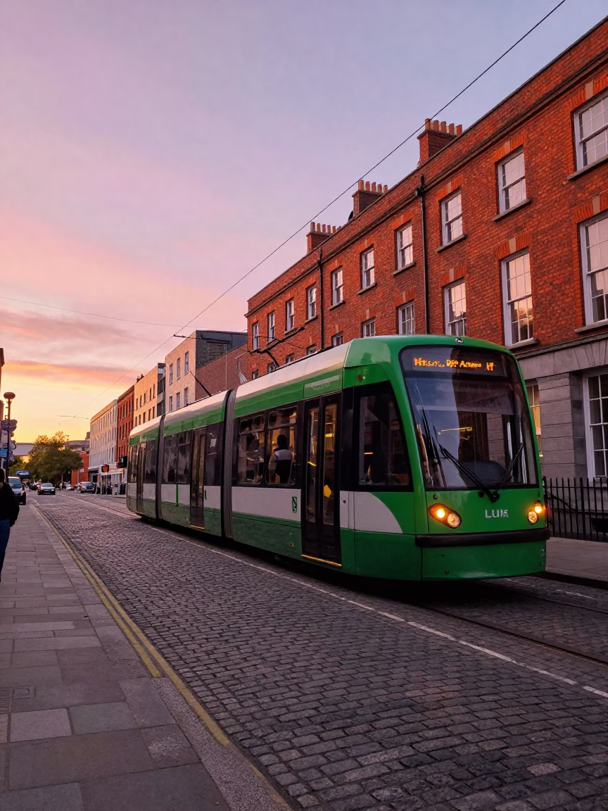 Dublin Tram Ascending Steep Hill Against Golden Hour Sky with Brick Architecture in in Dublin, Ireland