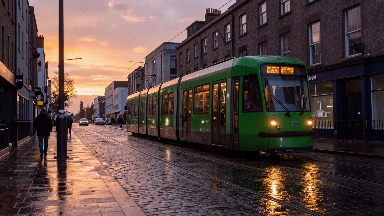 Dublin Tram on Steep Hill at Dawn with Wet Cobblestone Reflections in in Dublin, Ireland